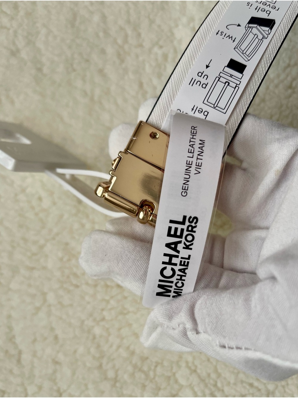 Michael Kors Black and White Reversible Belt with Gold MK Charm - Picture 4 of 6